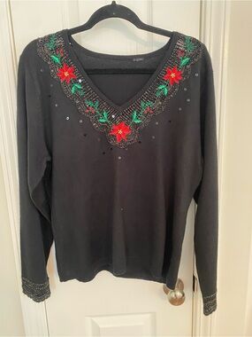 Women's Black V-Neck Sweater with Red Floral Embroidery